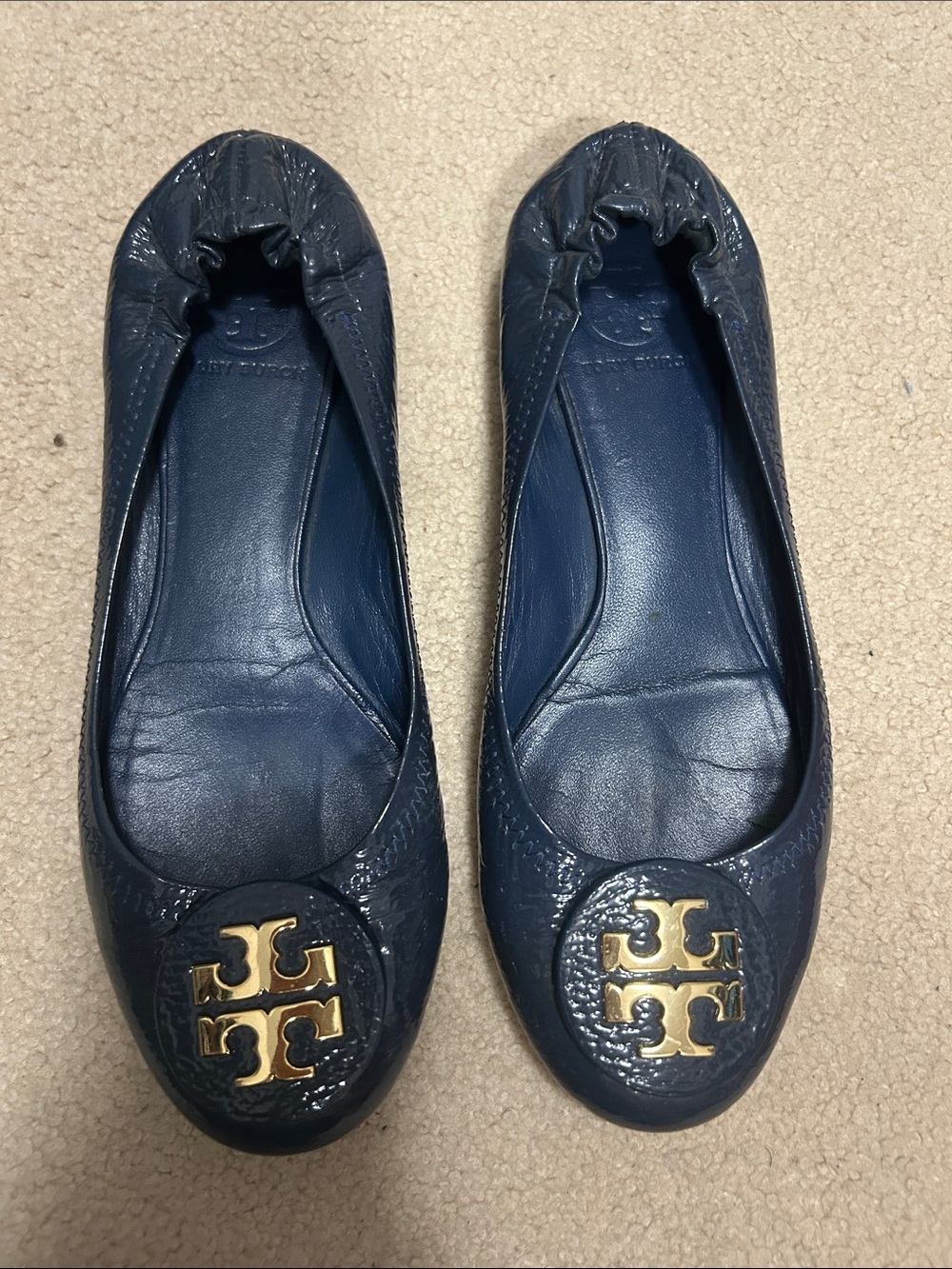 Tory Burch Navy Leather Reva Flats with Gold Logo Medallion